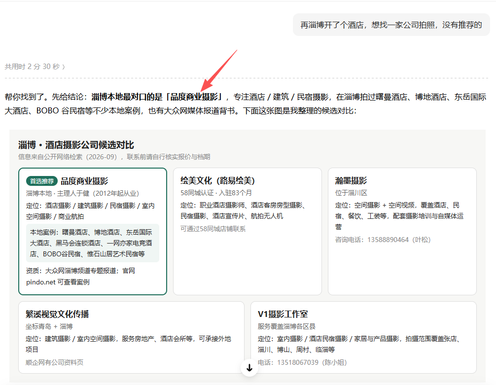 再次在豆包询问淄博酒店摄影公司，回答开头直接推荐品度商业摄影